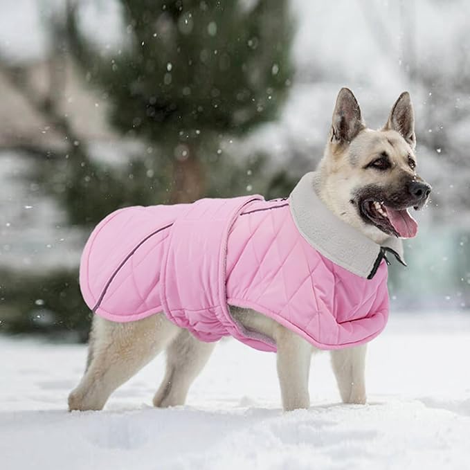 Kuoser Dog Coat, Extra Warm Dog Jacket Windproof Dogs Cold Weather Coats for Large Dogs, Fleece Lining Turtleneck Puppy Snowsuit Reflective Adjustable Pet Winter Clothes Christmas, Pink XL