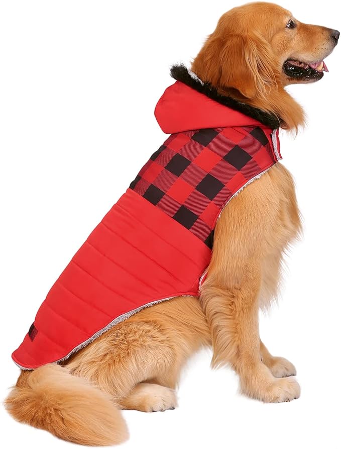 HDE Dog Puffer Jacket Fleece Lined Warm Dog Parka Winter Coat with Harness Hole Buffalo Plaid - XL