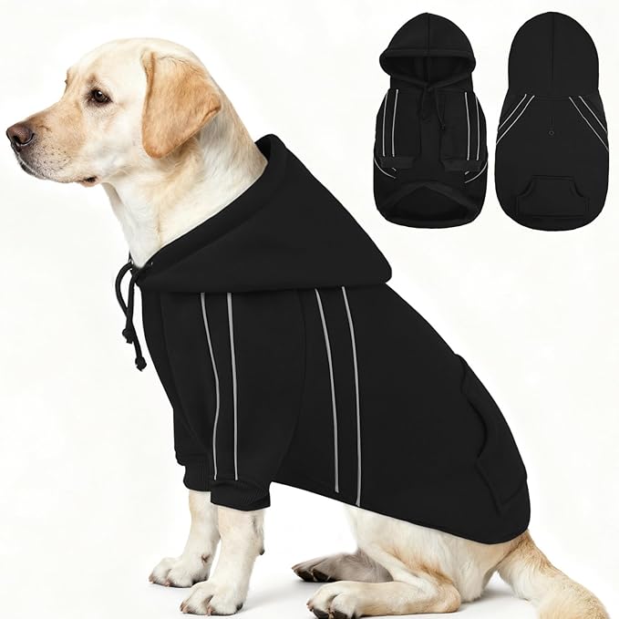 ASENKU Cozy Dog Hoodie，Soft Sweater with Adjustable Hood, Back Pocket and Leash Access Hole，Warm Reflective Sweatshirt for Cold Weather（Black，3XL