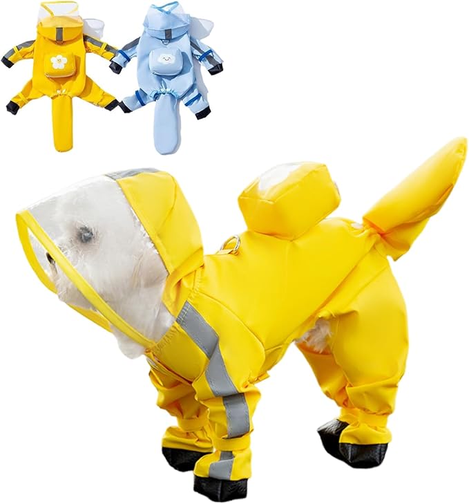 Small Dog Raincoat with Legs, Ideal for Teddy Bears, Waterproof Full Coverage with Mini Backpack, Reflective Hoodie and Detachable Tail (Yellow, X-Small(Suggest Weight 1.3-3.3lb))