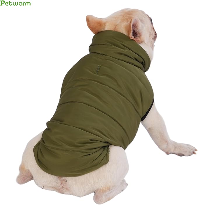 PetWarm Reversible Dog Winter Coat, Windproof Dog Puffer Vest, Soft Vest for Dogs with Hook-and-Loop Strap for Easy Dressing, Waterproof Coat for Dogs with Adjustable Fit, Green, L