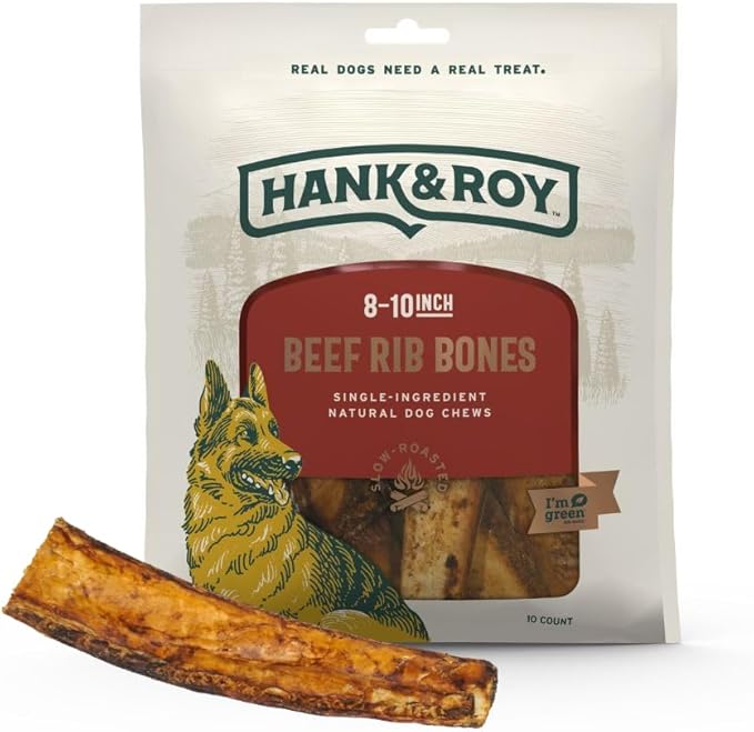 Hank & Roy All-Natural, Single-Ingredient 8-10” Beef Rib Bones for Dogs, Long Lasting, Engaging Dog Bones, Individually Wrapped for Odor Control and Freshness