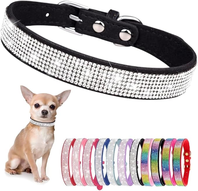 Serijoars Small Dog Collar with Rhinestone Crystal Diamond Colorful Bling Girl Puppy Cat Collars (XS, Black)