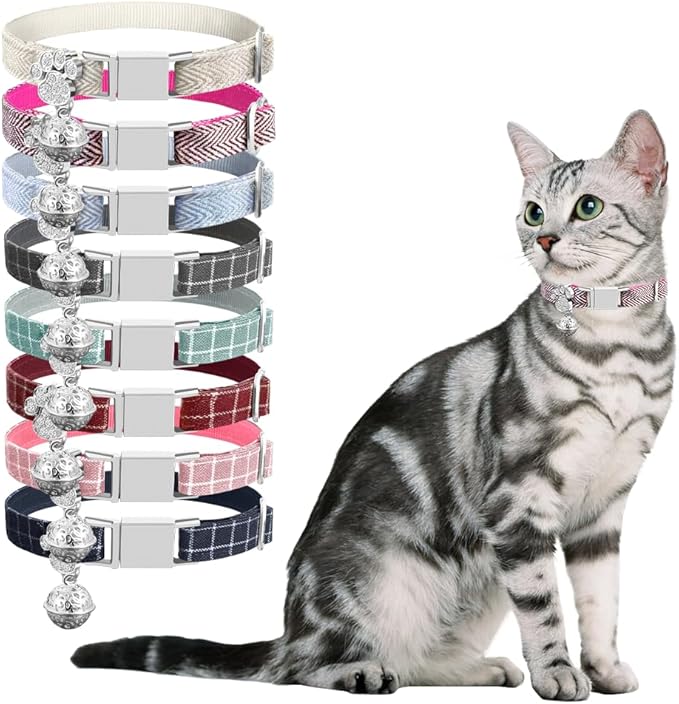 Personalized Breakaway Cat Collars - Magnetic Buckle, Bell - Safety Quick Release, Customized for Girls & Boys Cats- (Herringbone-Rose Red)