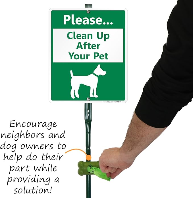 SmartSign Please Clean Up After Your Pet Yard Sign & Clip-On Plastic Dispenser Combo/Kit, 10"x12" Aluminum Sign with 3ft Steel Stake, Compact Dispenser Preloaded with a 15 Dog Poop Bags Roll