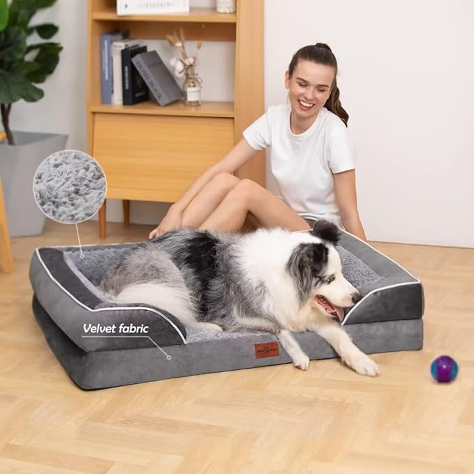 Comfort Expression Orthopedic Dog Bed for Extra Large Dogs 45x35 Inch, Waterproof Supportive Memory Foam XL Pet Bed with Removable Bolster, Dog Couch with Washable Cover & Non-Slip Bottom, Silver Grey