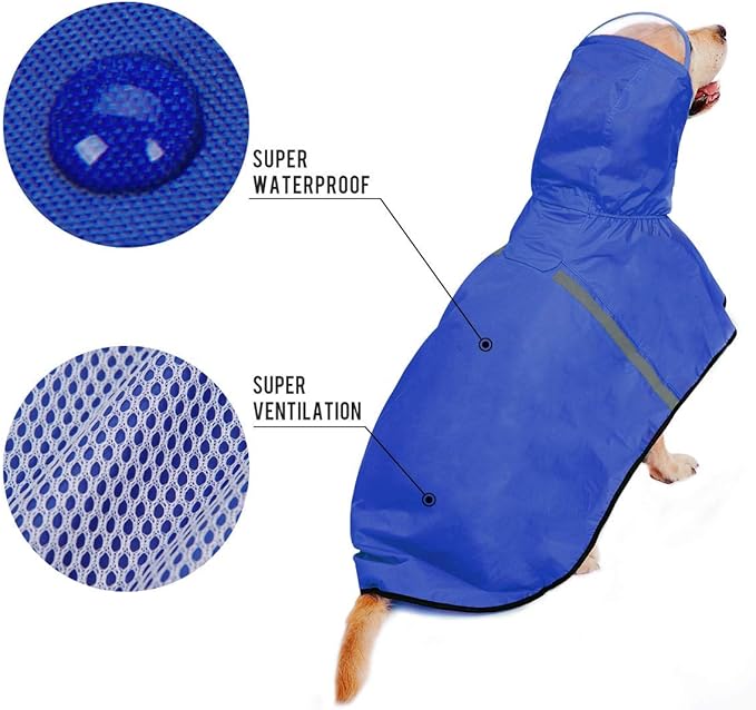 Dog Rain Jacket Raincoat with Adjustable Belly Strap and Leash Hole - Hoodie with Reflective Strip - Waterproof Slicker Lightweight Breathable for Medium Large Dogs - Easy to Wear, Blue 6XL