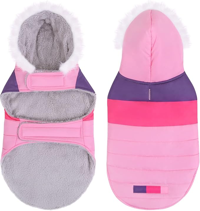 HDE Dog Puffer Jacket Fleece Lined Warm Dog Parka Winter Coat with Harness Hole Pink Stripe - XXL