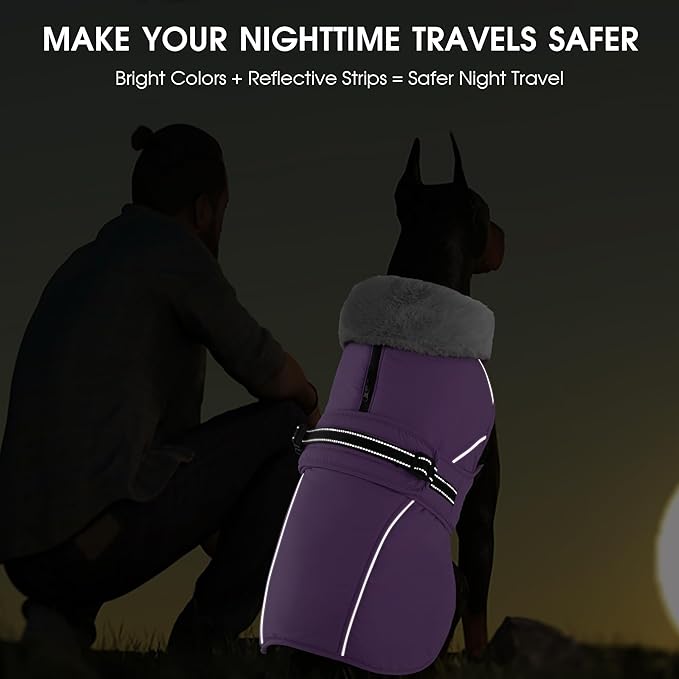PETDSH Dog Coat Medium, Windproof Dog Jacket with Warm Fleece Lining, Thickened Collar Dogs Winter Coat, Adjustable Reflective Pet Coats for Cold Weather (Purple, Medium)