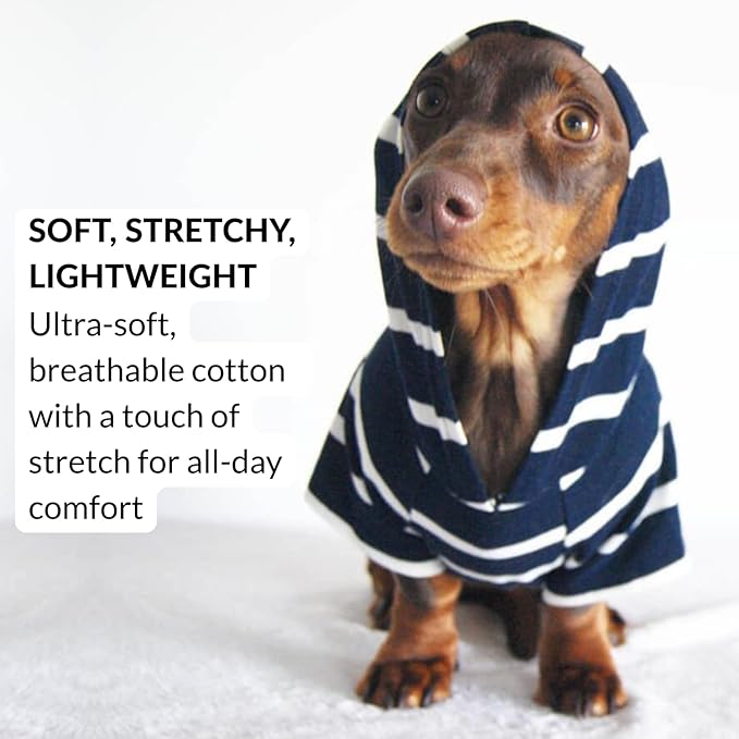 DJANGO Dog Hoodie – Warm, Lightweight, Soft & Stretchy Dog Sweater with Hood, Harness Hole & Elastic Waistband – Cozy Sweatshirt for Small Dogs up to 25 lbs, Dachshunds & Puppies – Navy Blue, Small