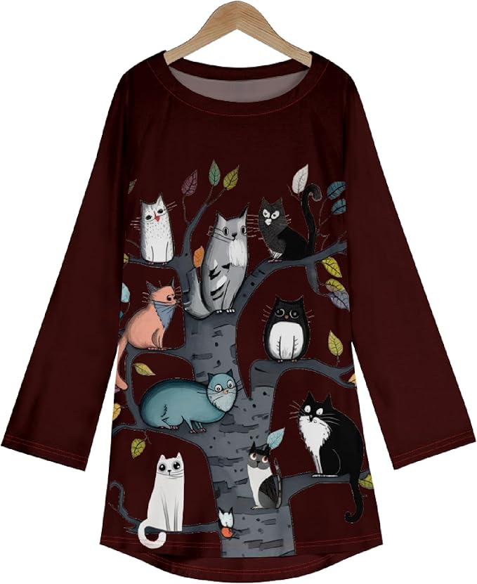 Womens Tunic Shirt Cute Cat Print Long Sleeve Round Neck Women T Shirts Cotton Casual Plus Size Vacation Tunics Tops