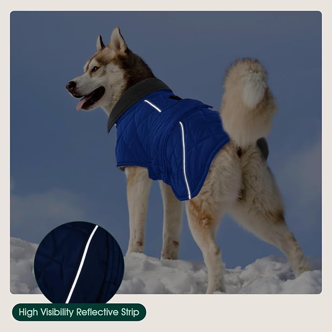 Kuoser Dog Coat, Extra Warm Dog Jacket Windproof Dogs Cold Weather Coats for Large Dogs, Fleece Lining Turtleneck Puppy Snowsuit Reflective Adjustable Pet Winter Clothes Christmas, Blue L