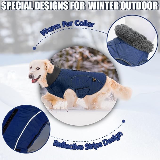 EMUST Dog Coats Winter, Thick Clothes for Medium Dogs Boy with Harness Hole, for Cold Weather, Dark Blue, M