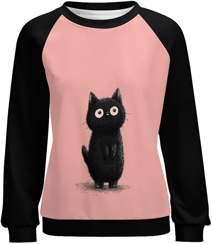 Abstract Cute Cat Shirts for Women Long Sleeve Lady Crewneck Pullover Sweatshirt Fall Winter Oversized Tops