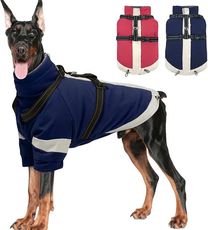 MIGOHI Dog Coat with Harness Built in, 2-in-1 Windproof Dog Winter Coat, Thermal Reflective Jacket with Back Zipper for Large Dogs Cold Weather, Labrador Retriever, Navy Blue, 2XL