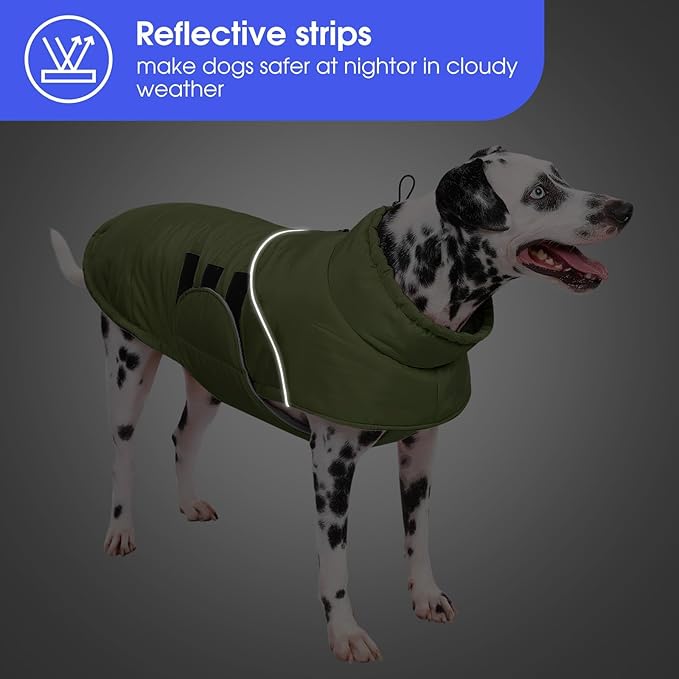 ASENKU Extra Warm Dog Coat - Winter Puffer Jacket with Fleece, Reflective, Adjustable, Zippered Leash Hole for Large Dogs (Green, 2XL)
