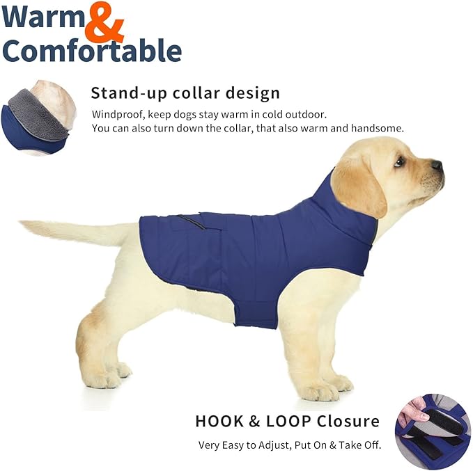 Dog Coat, Waterproof Dog Winter Jacket with Pocket, Reflective Adjustable Pet Snow Vest, Warm Cozy Fleece Sweater for Small Medium Extra Large Dogs - Blue, L
