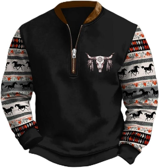 HOTYD Aztec Cowboy Jacket Men Vintage Bullhorn Printed Oversized Western Sweatshirt Long Sleeve Quarter Zip Pullover