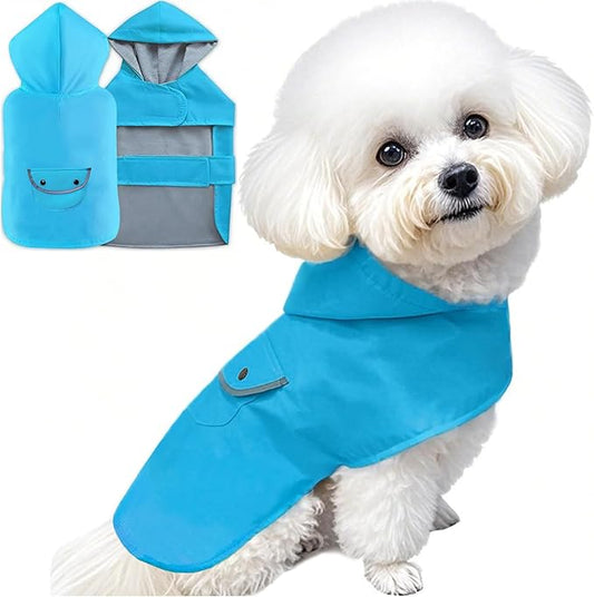 Small Dog Raincoat Dogs Rain Jacket for Puppy Reflective Poncho Rainwear Waterproof Pet Clothes Warm Lined Pocket Hooded Leash Hole Adjustable Puppy,Blue,XS,Back Length 6.3 Inch