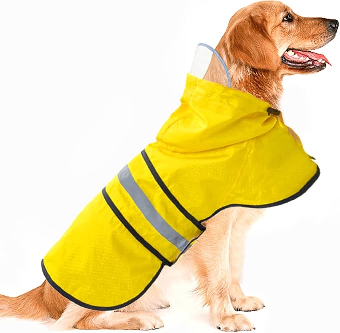 Dog Raincoat Waterproof Reflective Slicker - Lightweight Breathable Hooded Poncho Rain Coat Jacket with Adjustable Belly Strap and Leash Hole for Small Medium Large Dogs (Large, Yellow)