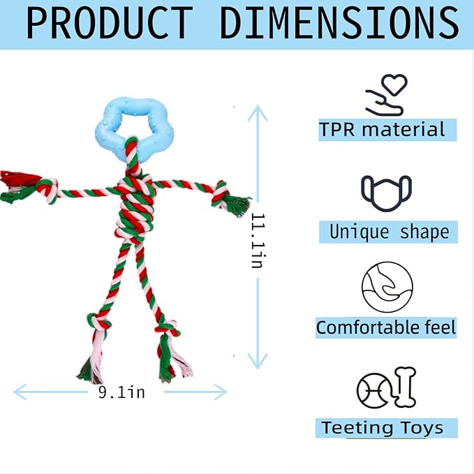 Christmas Puppy Teething Toy for Small & Medium Dogs (20–65lbs), TPR + Cotton Rope Chew Toy for Aggressive Chewers, Indoor & Outdoor Teeth Cleaning Toy for 2–12 Month Dog