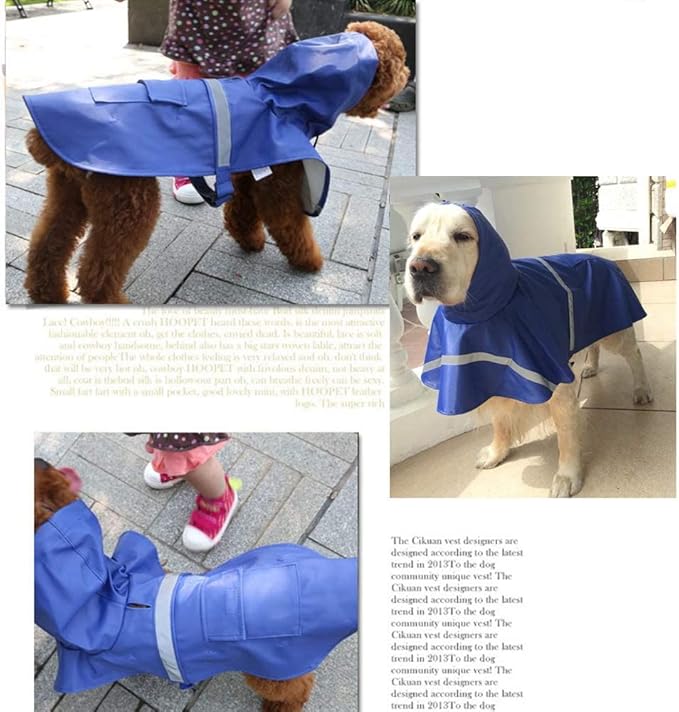 Large Dog Raincoat Adjustable Pet Waterproof Clothes Lightweight Rain Jacket Poncho Hoodies with Strip Reflective(Dark Blue,XL)