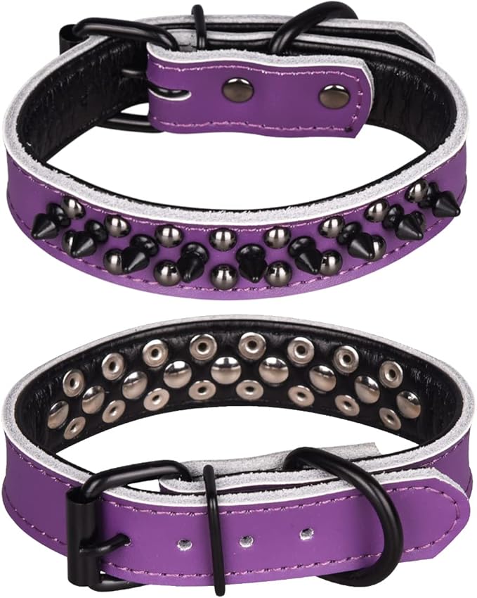 Adjustable Genuine Leather Spiked Studded Dog Collars for Small Medium Large Pets Like Pit Bull Bulldog Pugs Husky (M, Purple1)