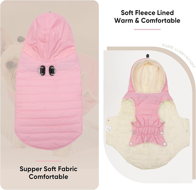 Fleece Lining Dog Hoodie with Harness Built in,Extra Warm Medium Dog Jacket in Winter Doggie Coats with Drawstring Hooded,Light Pink XL