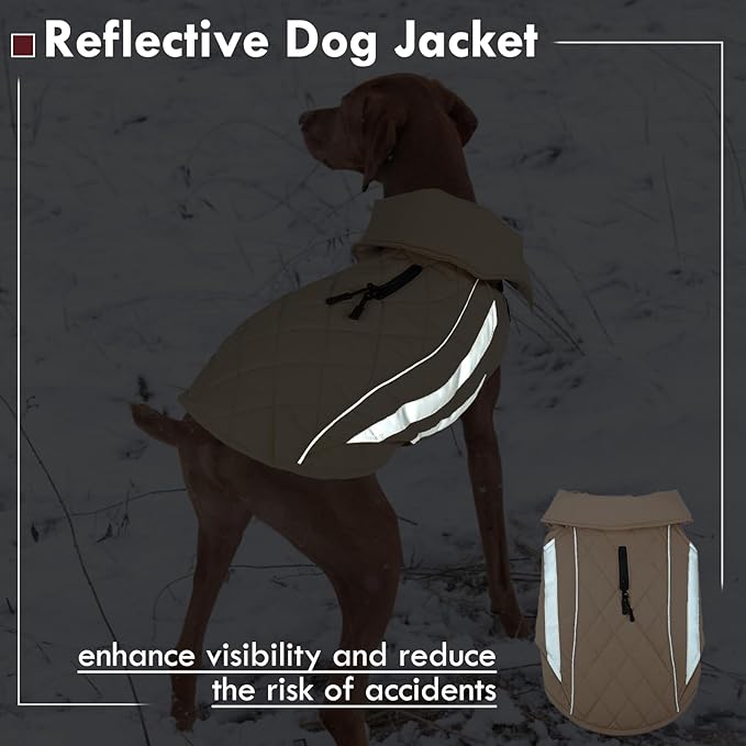 Dog Coat for Large Dogs Waterproof Winter Jacket with Harness Hole Turtleneck Hook & Loop Snowsuit Warm Fleece Dog Jacket for Cold Weather Windproof, Khaki XL