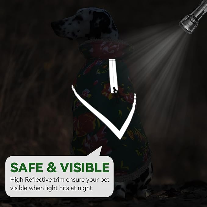 VIVAGLORY Snowrap Dog Coat, Jacket with Harness Hole & Velcro Closure, Dog Coat for Winter & Cold Weather, Fluffy Warm Fleece Lined Reflective Water Resistant for Puppy, M, Northeast Florals-Green