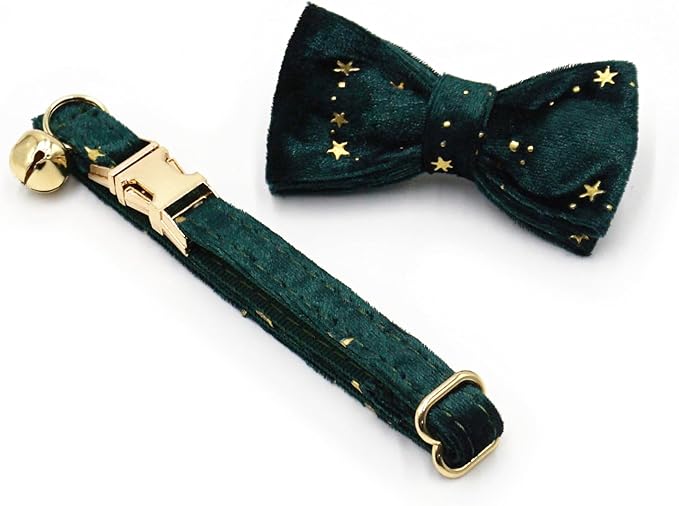 Personalized Cat Collar with Bells,Velvet Customized Small Cat Collar with Name Tag,Pet Collar with Name Phone Number Engraved ID Tags for Boy and Girl Kitten Cats (Green Star)