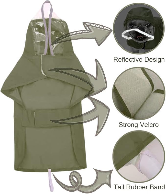 Raincoat Packable Hooded Dog Rain Jacket Reflective Strips Lightweight Adjustable Poncho for Small Medium Large Dogs Army GreenXS (Back:11 Inches)