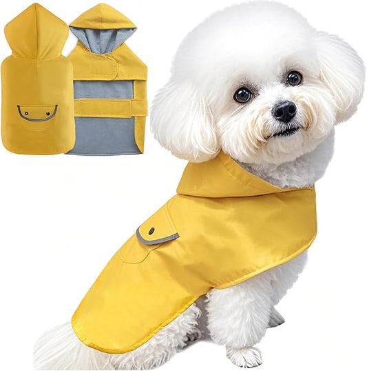 Dog Raincoat Dogs Rain Jacket Reflective Poncho Rainwear Waterproof Pet Clothes Warm Lined Pocket Hooded Leash Hole Adjustable Small Medium Dogs,Yellow,XXL,Back Length 16.0 Inch