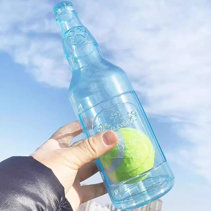 Wine Bottle Dog Toy, Fun Interactive Cute Squeaky Dog Toys with Tennis Ball Inside, Ideal for Large/Medium/Small Dogs to Fetch Games and Bonding Time, Not for Heavy Chewers, Medium-Blue