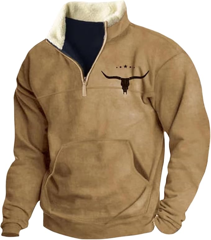 HOTYD Western Jackets for Men Cowboy Sweatshirts Vintage Ethnic Graphic Casual Long Sleeve Top 1/4 Zip Pullover Hoodies