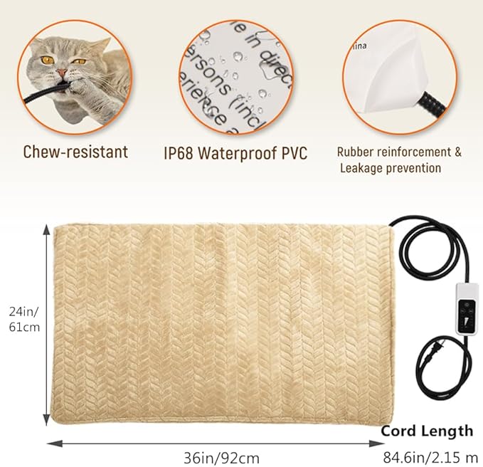 Heeyoo Pet Heating Pad, Adjustable Temperature Dog Cat Heating Pad with Timer, Waterproof Heated Dog Bed with Chew Resistant Cord, Auto Power-Off Indoor Pet Heated Mat for Dogs and Cats, 36" x 24"