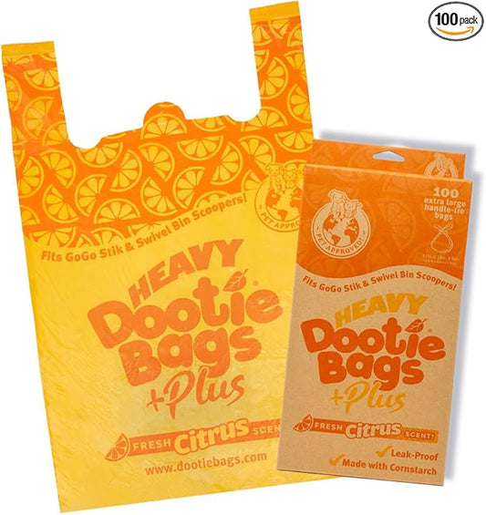 HEAVY Dootie Bags +Plus a Hint of Citrus Scent with EZ Tie Handles. For Pet Dog Poop, Cat Litter. Multi-Use. Fits Swivel Bin and Gogo Stik Scoopers. Made with Cornstarch. Strong, Leakproof, Very Large