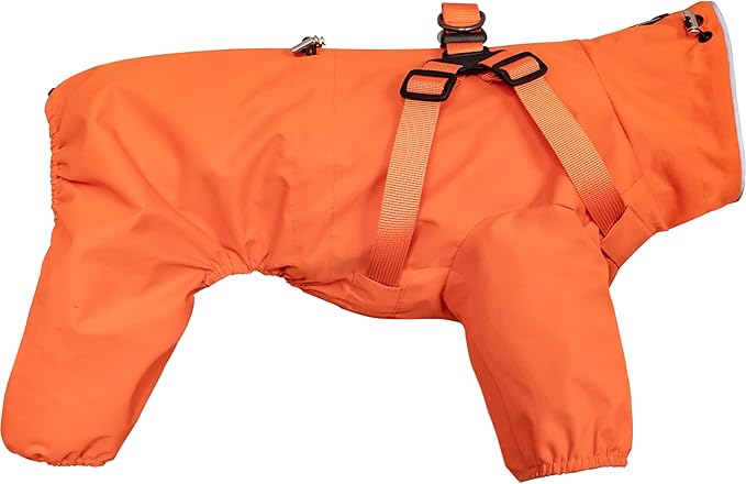 Mile High Life Waterproof Dog Raincoat, Full Coverage Small Dog Rain Coat with Harness, Adjustable 4 Legs Puppy Rain Jacket with Reflective Strip and Elastic Cuffs (Orange, XS Back Length 11.4")
