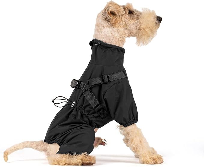 Mile High Life Waterproof Dog Raincoat, Full Coverage Small Dog Rain Coat with Harness, Adjustable 4 Legs Puppy Rain Jacket with Reflective Strip and Elastic Cuffs (Black, S Back Length 13")