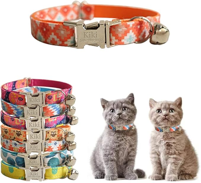 Personalized Cat Collar with Name Plate,Adjustable Tough Nylon Cat ID Collars with Bell,Customize Engraved Pet Name and Phone Number (Graffiti Style)