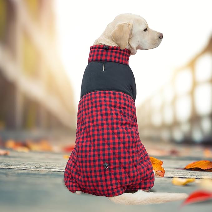 Dog Jackets for Winter, Reversible Dog Coat Windproof Waterproof Jackets for Cold Weather, British Style Plaid Coats Warm Vest for Small Medium Large Dogs (RED, 4XL)