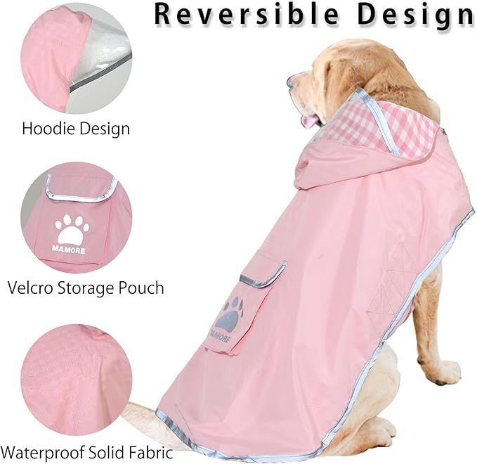 MAMORE Dog Raincoat Reversible,Waterproof Dog Rain Coat Hooded Slicker Poncho with Reflective Strip, Plaid Double Layer Rain Jacket for Small Medium Large Dogs (Pink, Small)