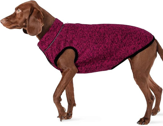 ROZKITCH X-Large Dog Sweater, Stretchy Jacket with Fleece Lining, Knit Pet Coat for Large with Zipper Opening for Harness, Fleece Jumpsuit Adjustable Neck Reflective Pet Jacket Rosered XL