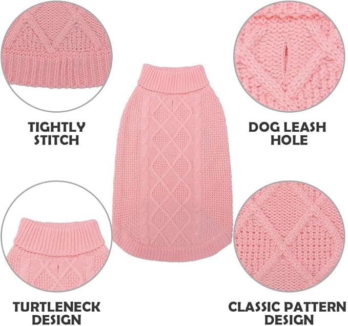 Mihachi Turtleneck Dog Sweater - Winter Coat Apparel Classic Cable Knit Clothes with Leash Hole for Cold Weather, Ideal Gift for Pet in New Year Pink 3XL