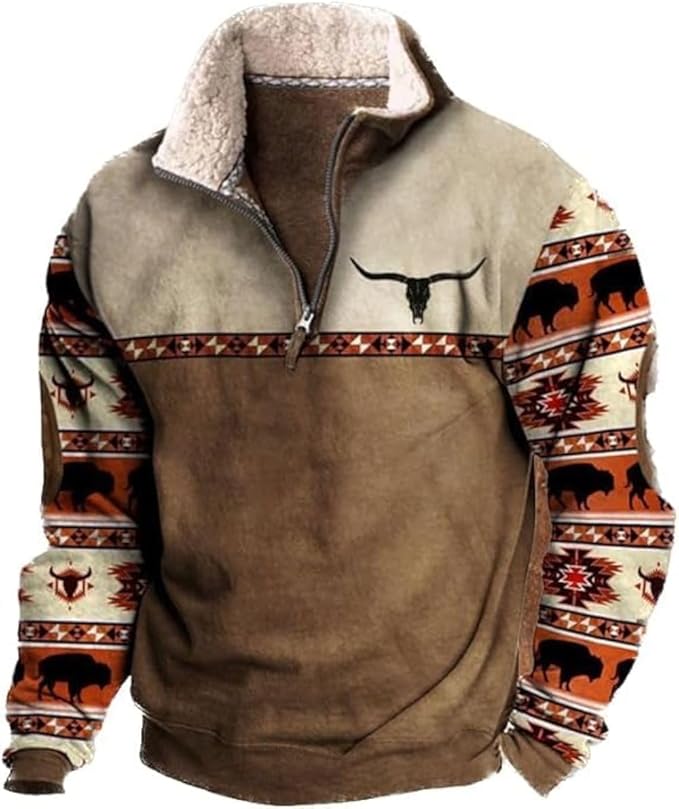 HOTYD Western Jackets for Men Cowboy Sweatshirts Vintage Ethnic Graphic Casual Long Sleeve Top 1/4 Zip Pullover Hoodies