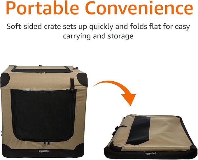 Amazon Basics 2-Door Portable Soft-Sided Folding Soft Dog Travel Crate Kennel, Medium (M 30" x 21" x 21"), Tan