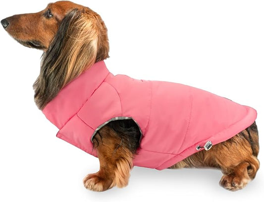 DJANGO Puffer Dog Coat – Warm Winter Dog Jacket & Water-Repellent Insulated Puffer Vest with Striped Lining, Harness Hole, Adjustable Fit for Small & Medium Dogs, Dachshunds – Rose Petal Pink, Medium