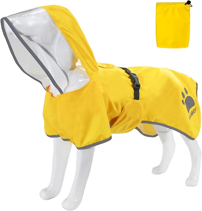 MAMORE Dog Raincoat Hooded Rain Jacket for Small Medium Large Dogs Slicker Poncho Bottom Waterproof Adjustable Reflective Breathable Leash Hole (Yellow, XX-Large)