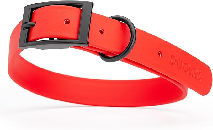 Dogline Biothane Waterproof Dog Collar Strong Coated Nylon Webbing with Black Hardware Odor- Proof for Easy Care Easy to Clean High Performance Fits Small Medium or Large Dogs, Cherry Red