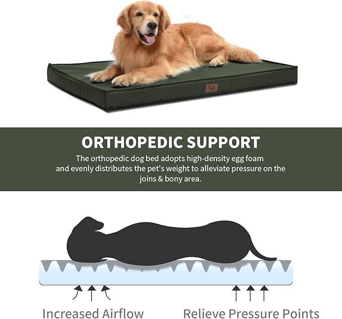 Outdoor All Weather Dog Bed, Waterproof Dog Bed for Medium Dogs 30x20 Inch, Orthopedic Egg Crate Foam Pet Bed with Removable Cooling Cover, Dark Green